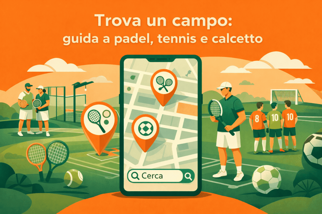Illustrazione di persone che cercano e prenotano un campo padel, tennis e calcetto online