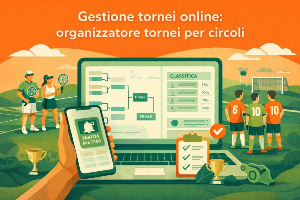 Illustrazione gestione tornei online per circoli sportivi con tabelloni e classifiche digitali