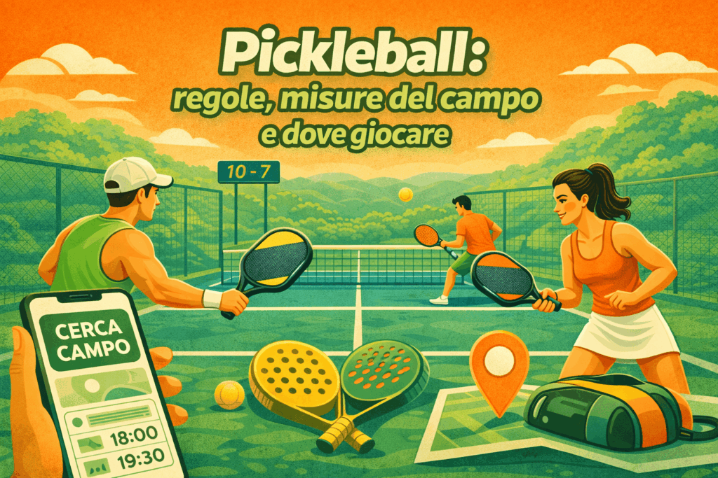 campo da pickleball con giocatori illustrazione regole e dimensioni del campo