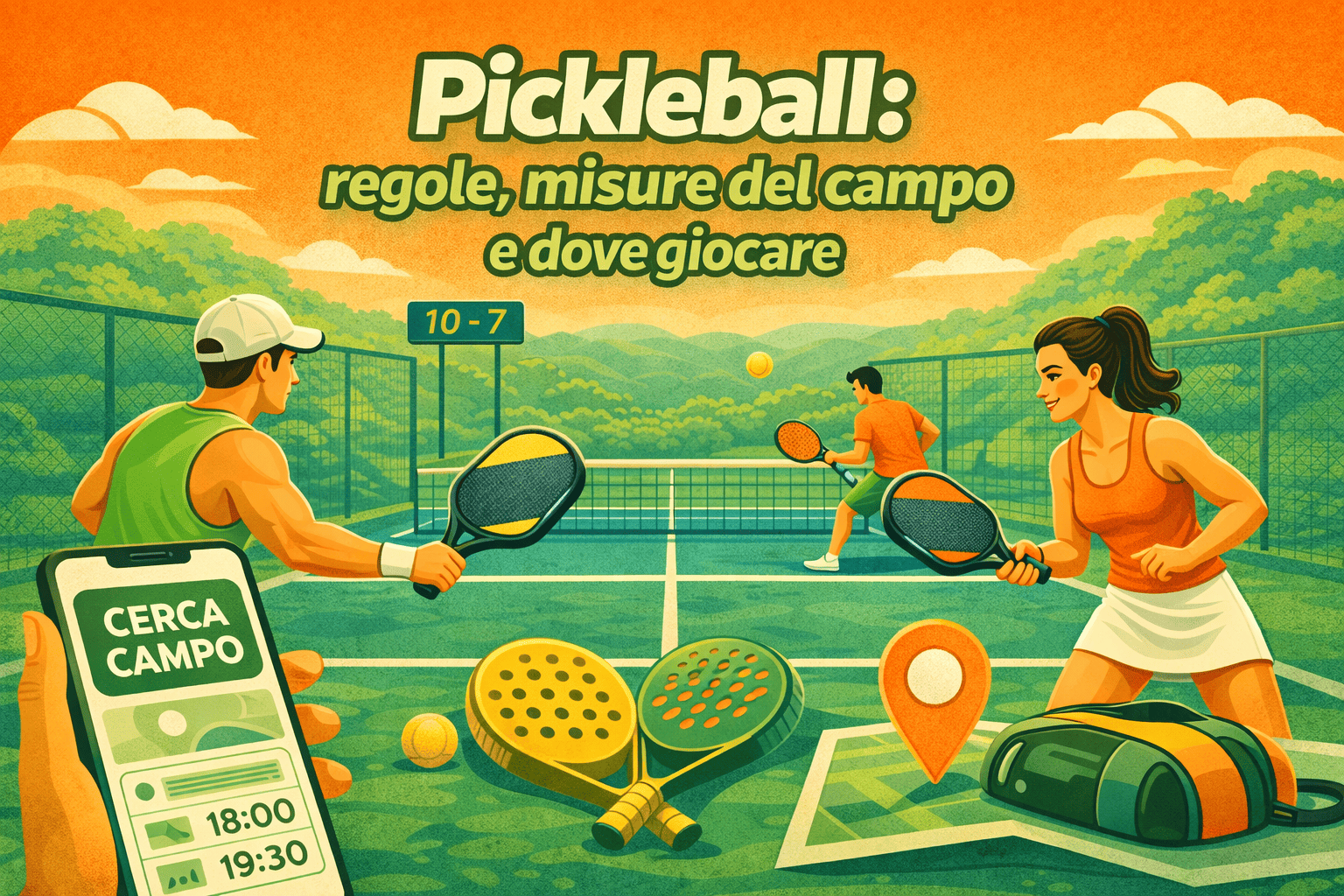 campo da pickleball con giocatori illustrazione regole e dimensioni del campo