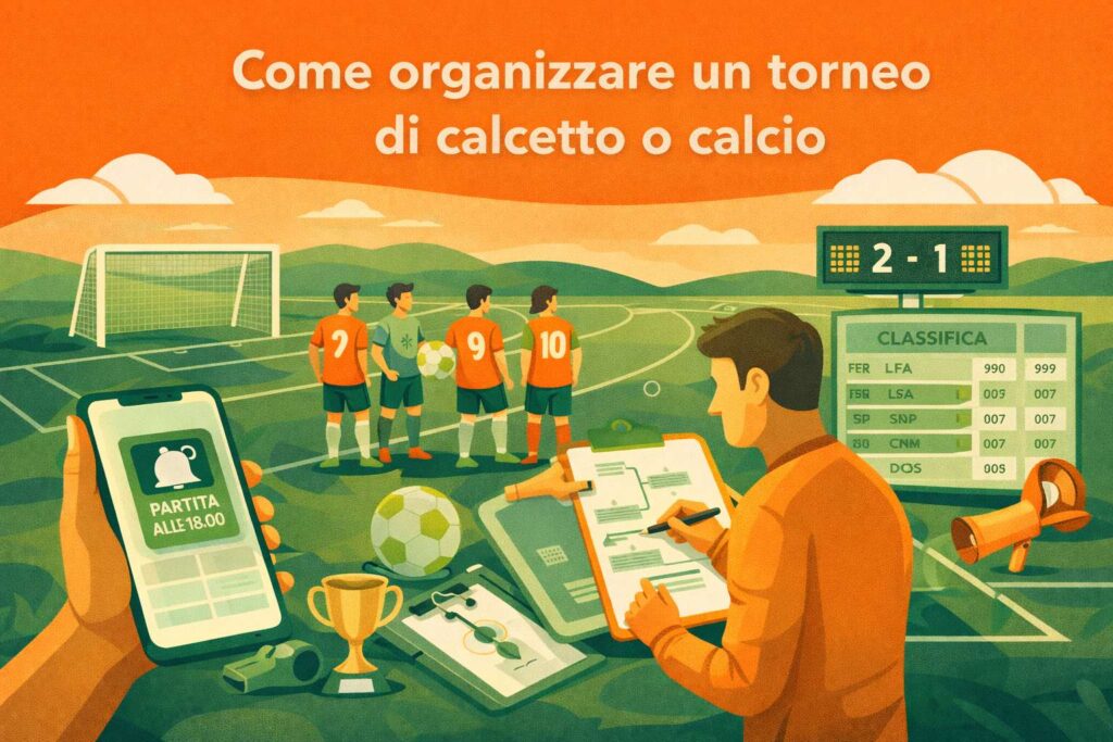 Illustrazione organizzazione torneo di calcetto con calendario partite e gestione squadre