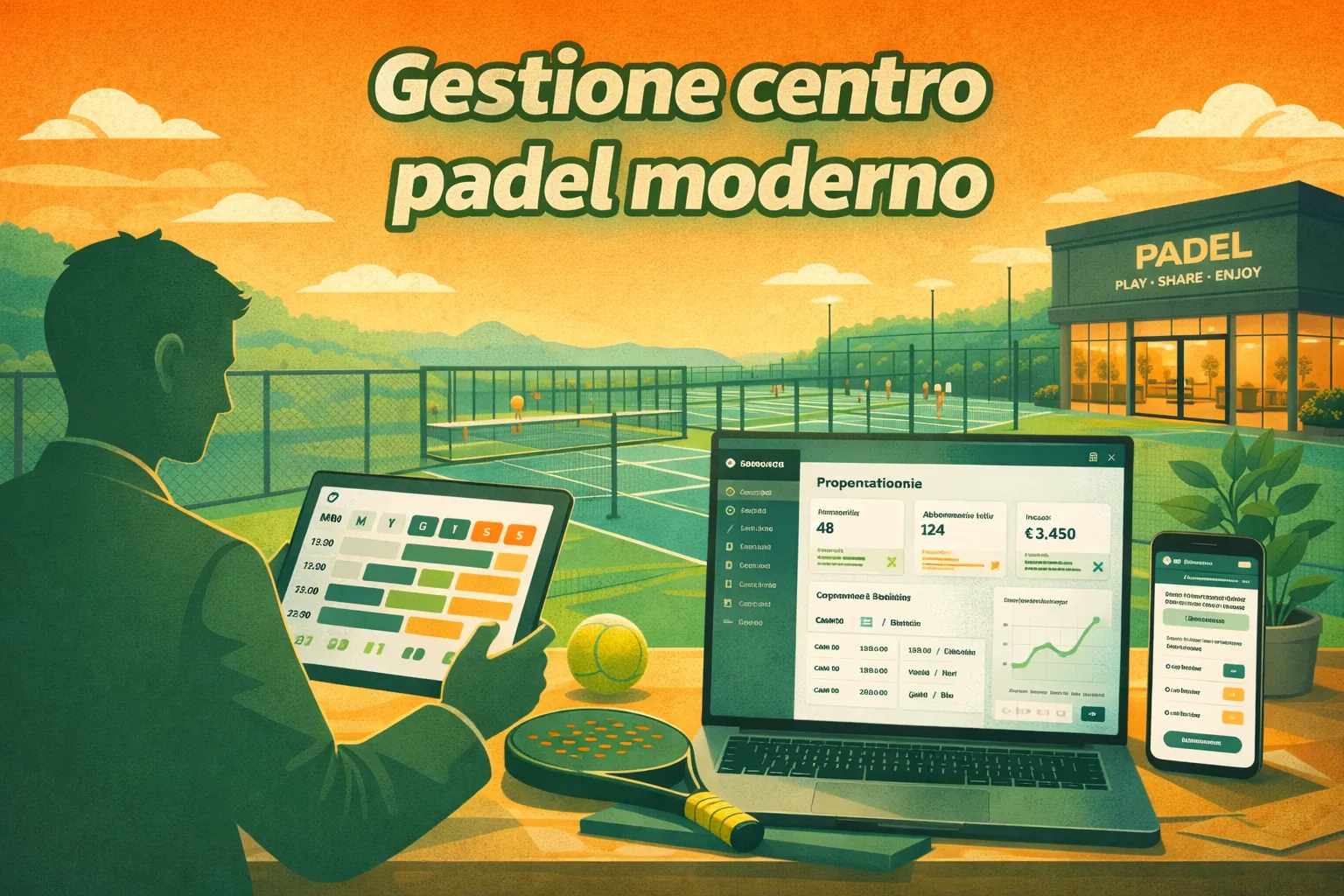 Illustrazione gestione centro padel moderno con prenotazioni online, calendario campi e dashboard digitale