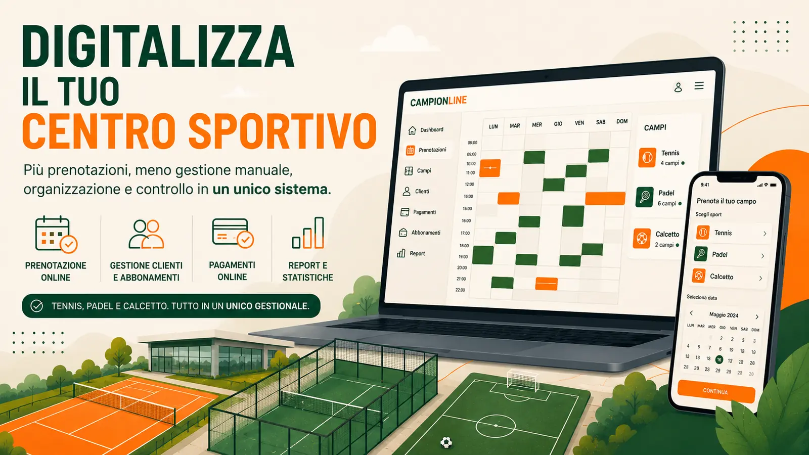 Illustrazione gestionale per digitalizzare un centro sportivo con prenotazioni online per tennis, padel e calcetto